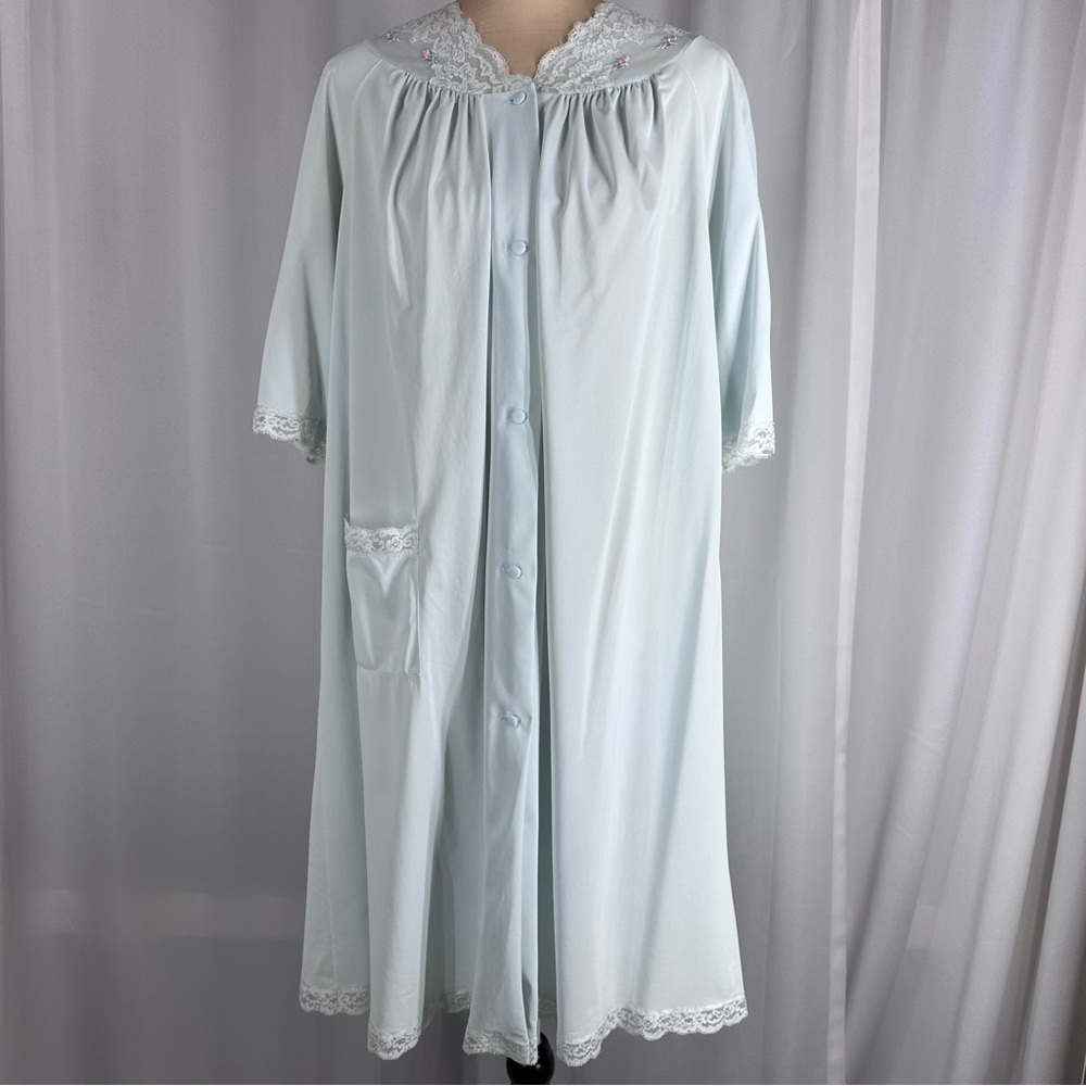 Vintage Shadowline Lingerie Nightgown Sz S Blue Embroidered Lace Full Button EUC